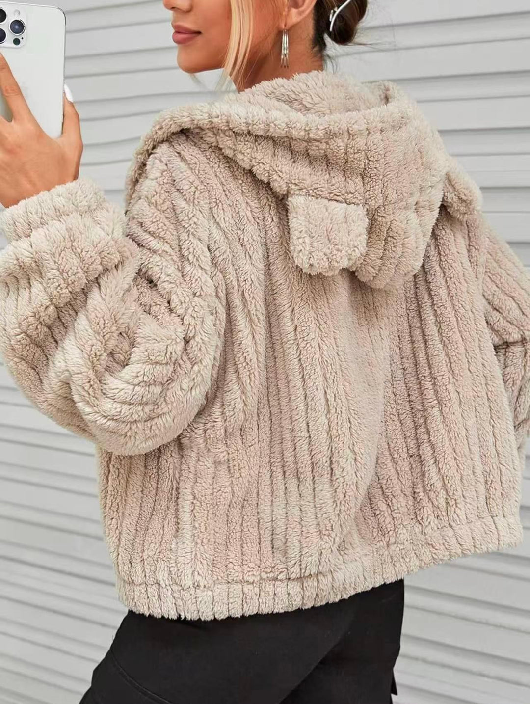 Sorvienne Relaxed Bear Ear Zip Up Teddy Hoodie in Taupe