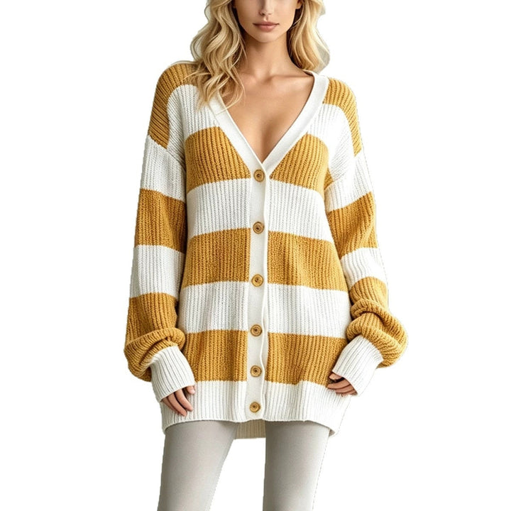 Sorvienne Oversized Button Front Striped Cardigan in Mustard Stripe