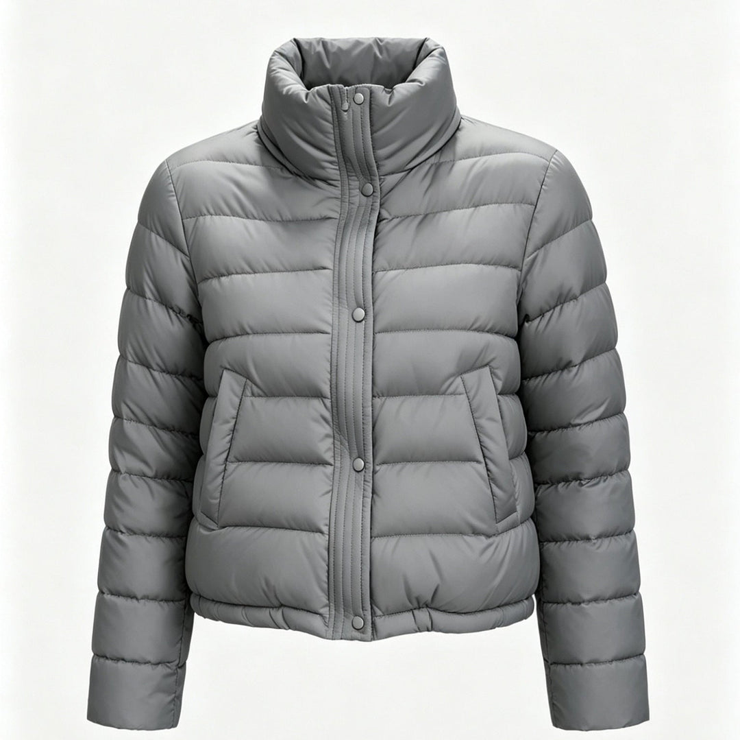 Sorvienne Relaxed Funnel Neck Cropped Puffer Jacket in Grey