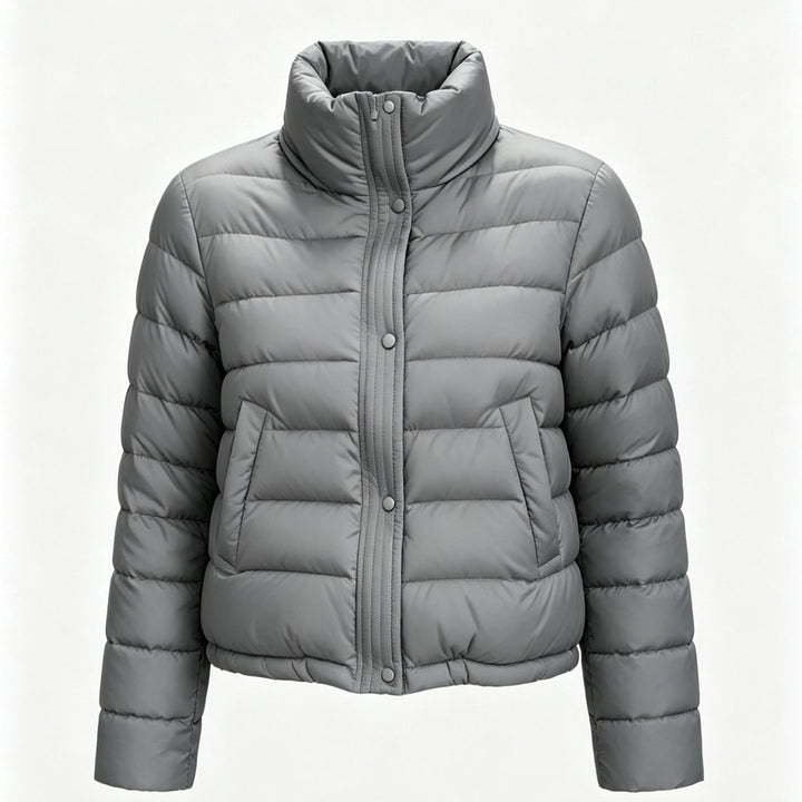 Sorvienne Relaxed Funnel Neck Cropped Puffer Jacket in Grey
