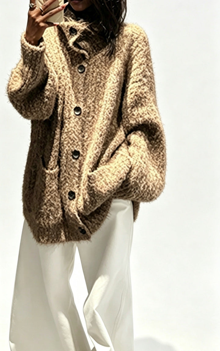Sorvienne Oversized Chunky Rib Funnel Neck Cardigan in Camel