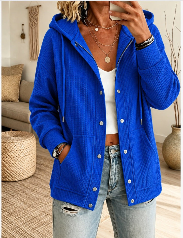 Sorvienne Relaxed Waffle Knit Hooded Cardigan in Cobalt Blue