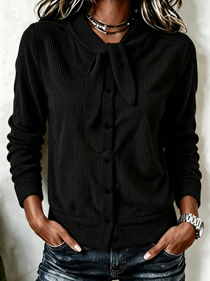Sorvienne Slim Ribbed Tie Neck Cardigan in Black