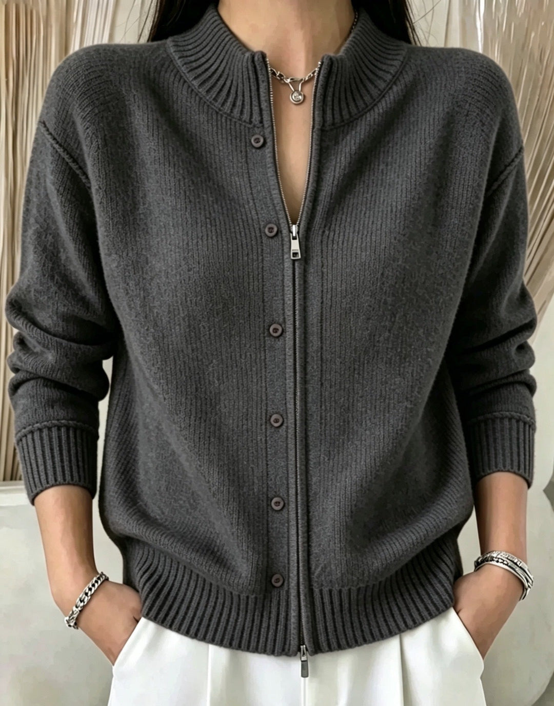 Sorvienne Mock Neck Zip Through Cardigan in Charcoal
