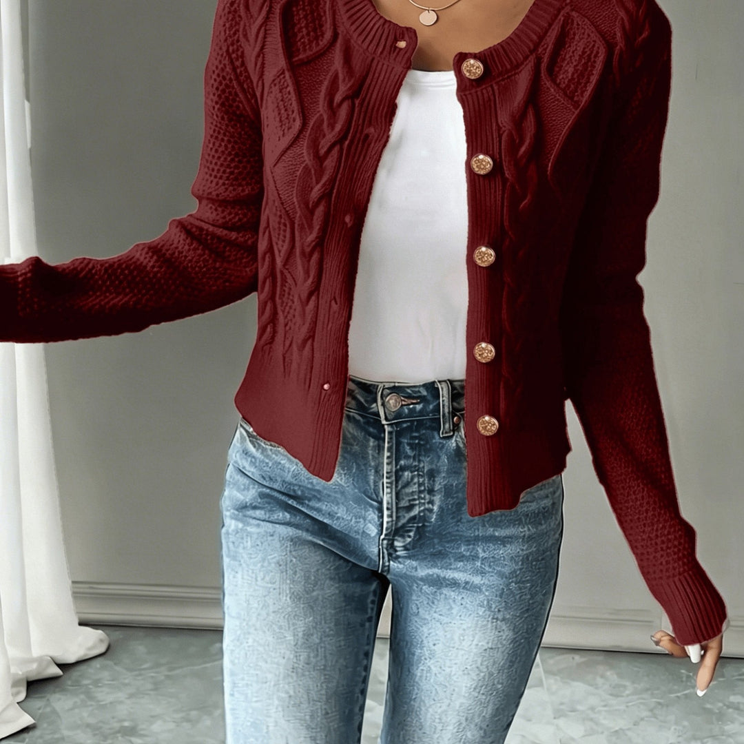 Sorvienne Cropped Cable Knit Cardigan in Burgundy