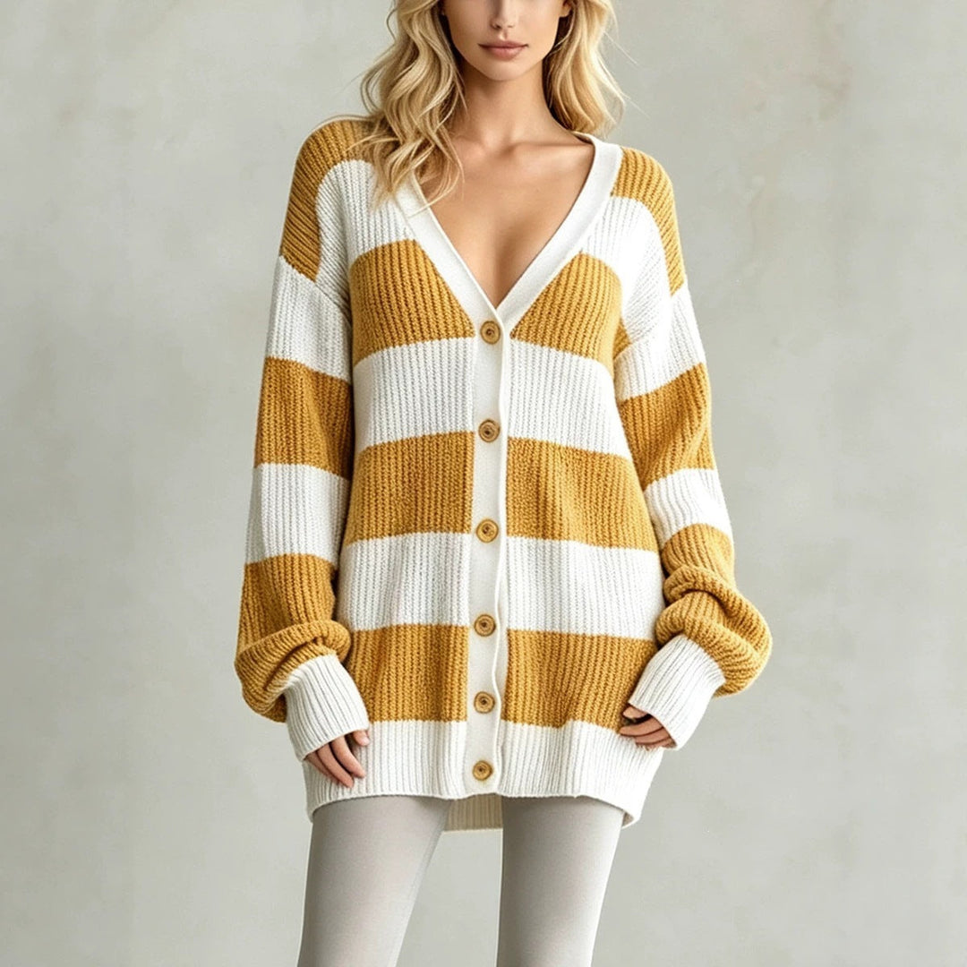 Sorvienne Oversized Button Front Striped Cardigan in Mustard Stripe