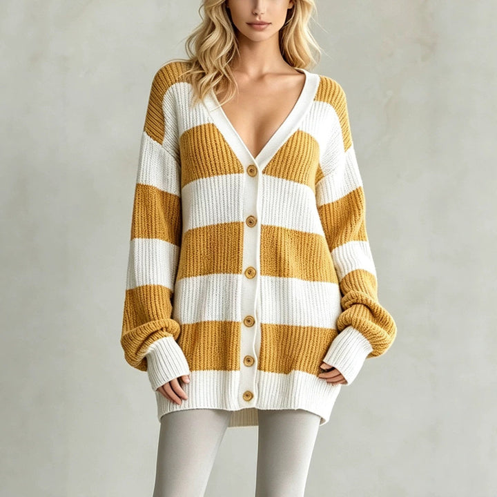 Sorvienne Oversized Button Front Striped Cardigan in Mustard Stripe