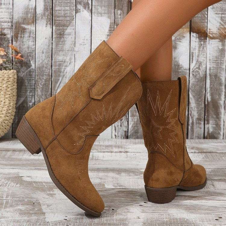 Sorvienne Embroidered Block Heel Cowboy Ankle Boots