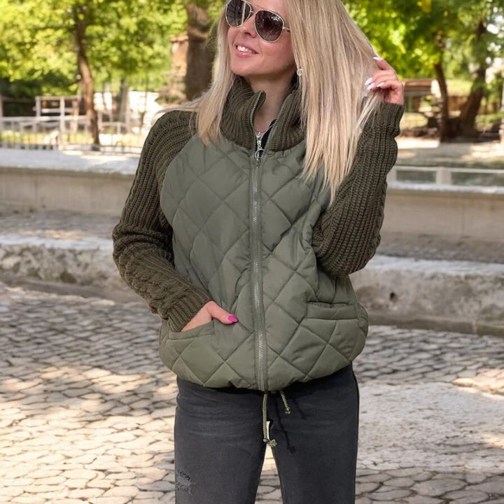Sorvienne Relaxed Quilted Jacket with Knit Sleeves in Olive