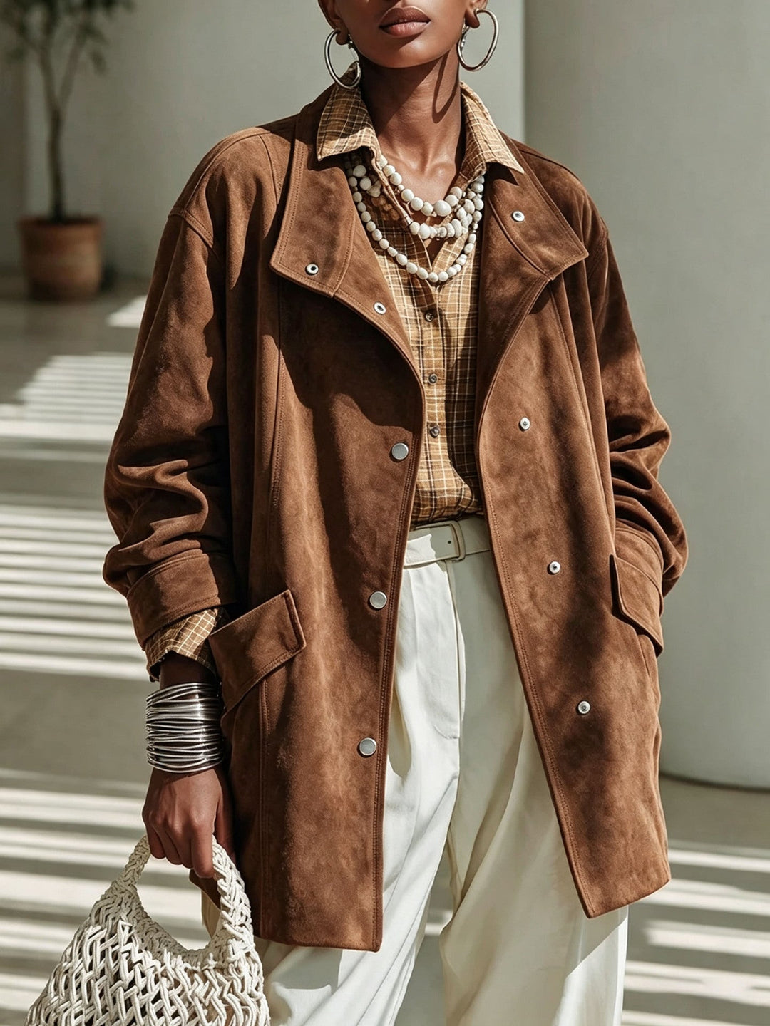 Sorvienne Relaxed Mid Length Suede Effect Coat in Brown