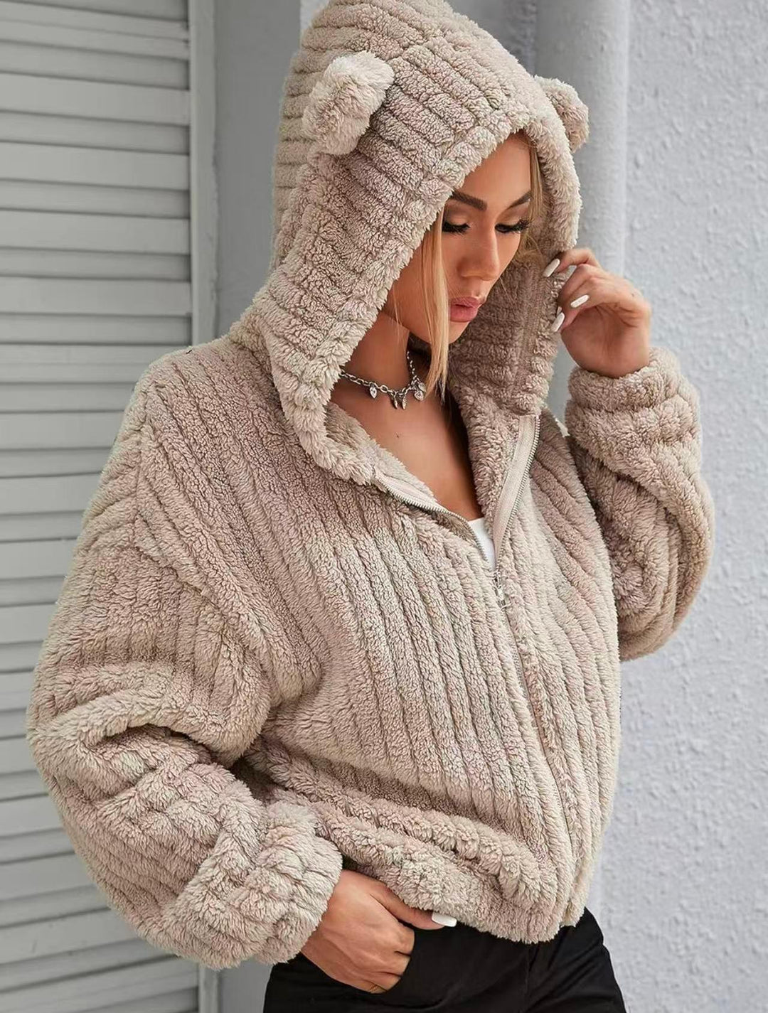 Sorvienne Relaxed Bear Ear Zip Up Teddy Hoodie in Taupe