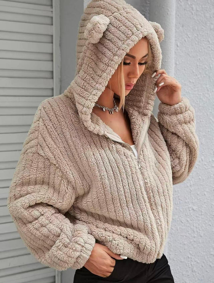 Sorvienne Relaxed Bear Ear Zip Up Teddy Hoodie in Taupe