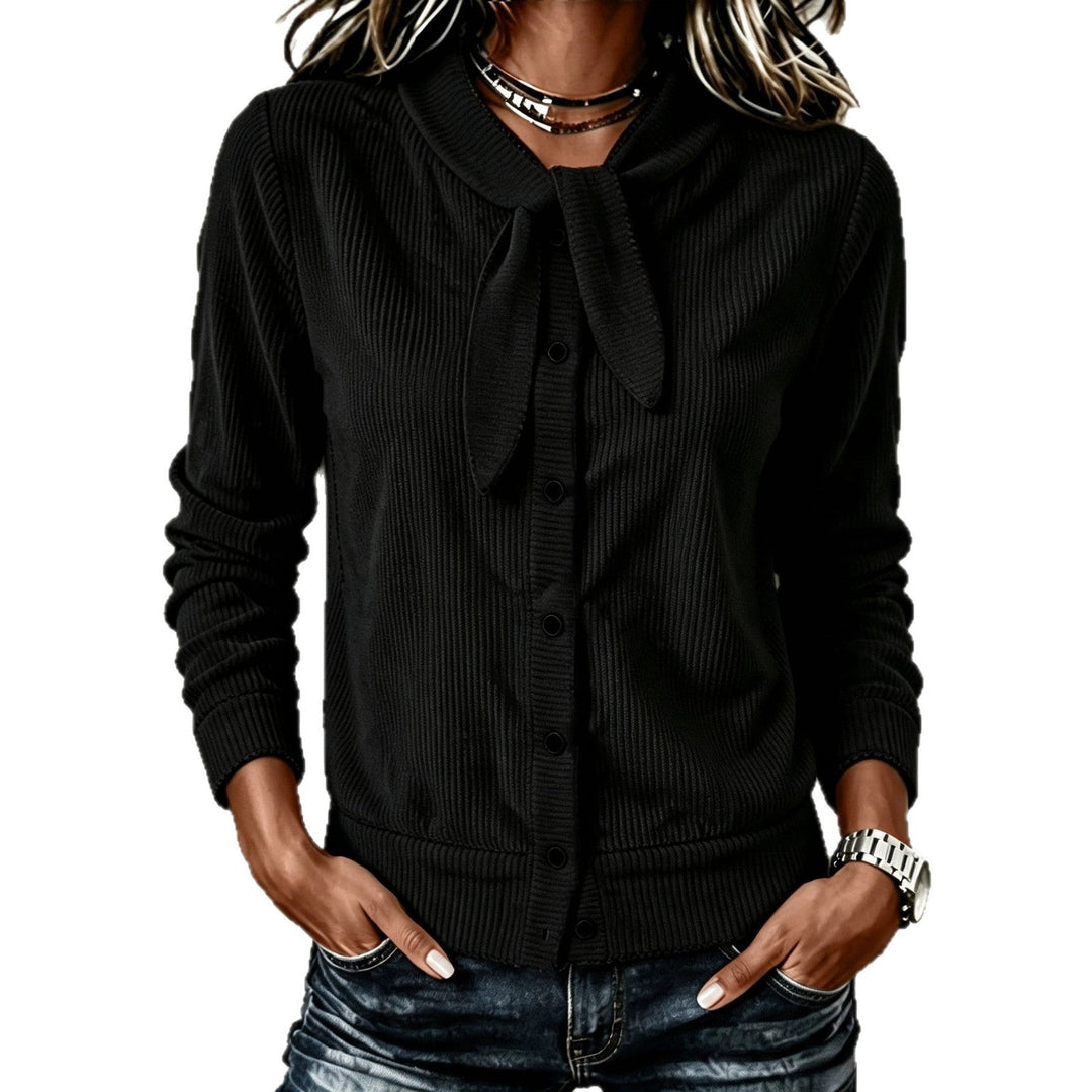 Sorvienne Slim Ribbed Tie Neck Cardigan in Black