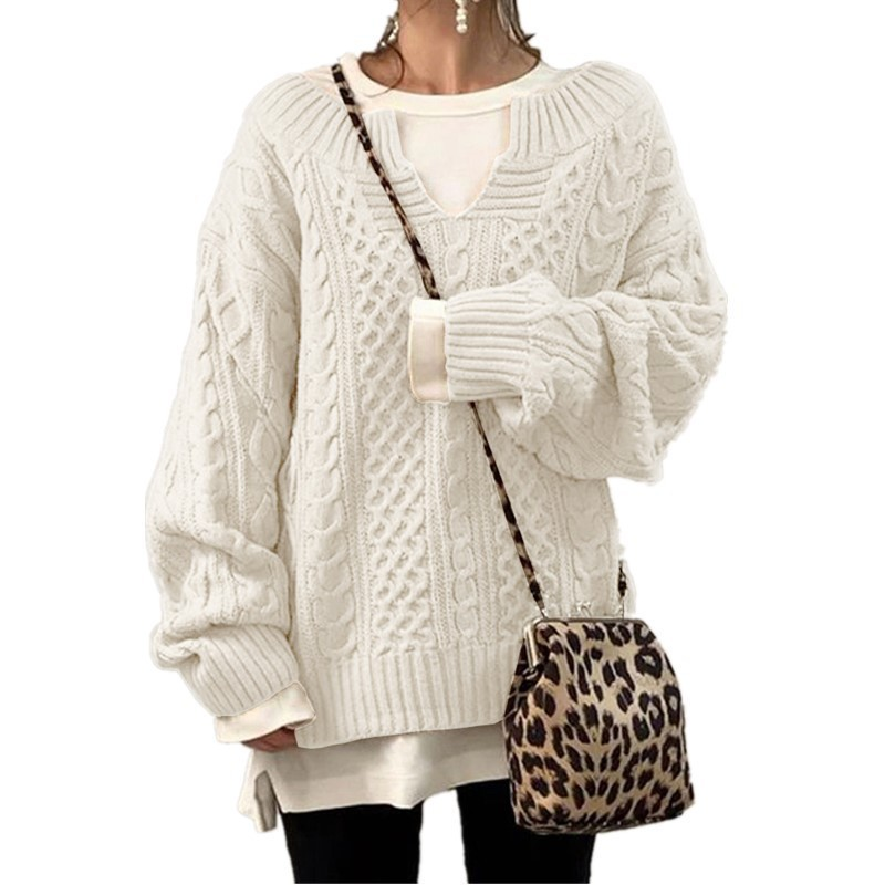 Sorvienne Oversized Notch Neck Cable Knit Jumper in Cream