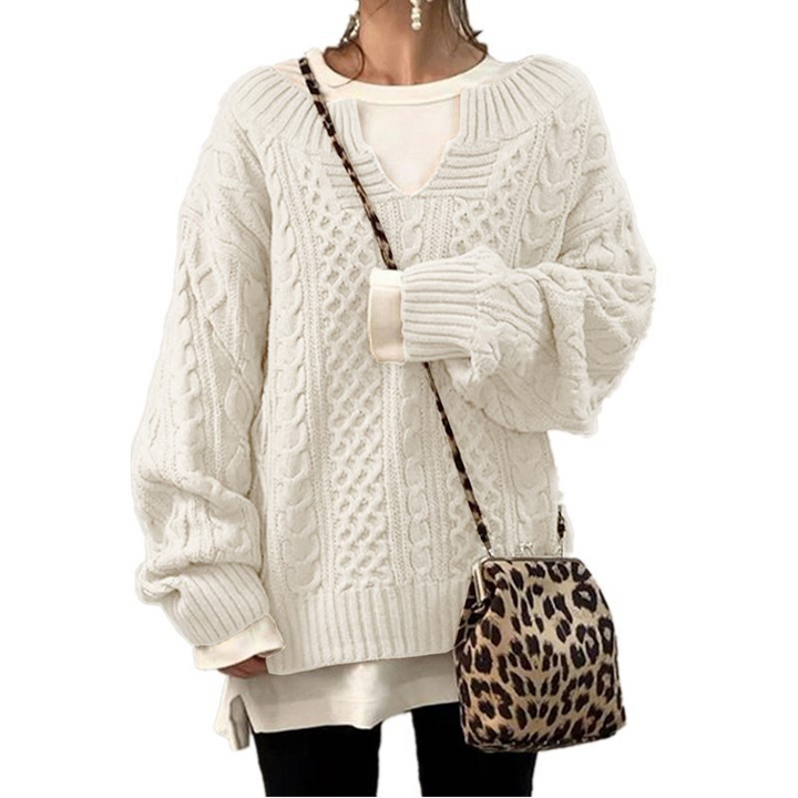Sorvienne Oversized Notch Neck Cable Knit Jumper in Cream