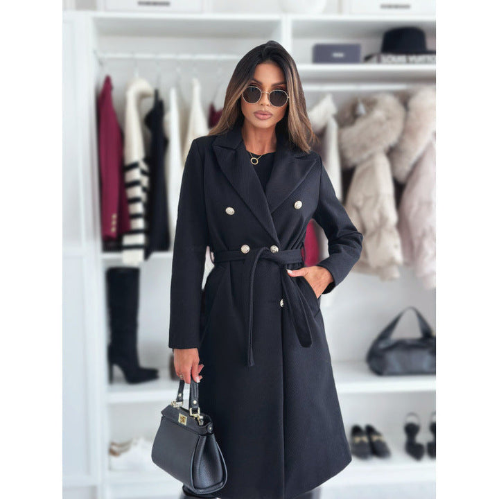 Sorvienne Tailored Double Breasted Belted Coat in Black