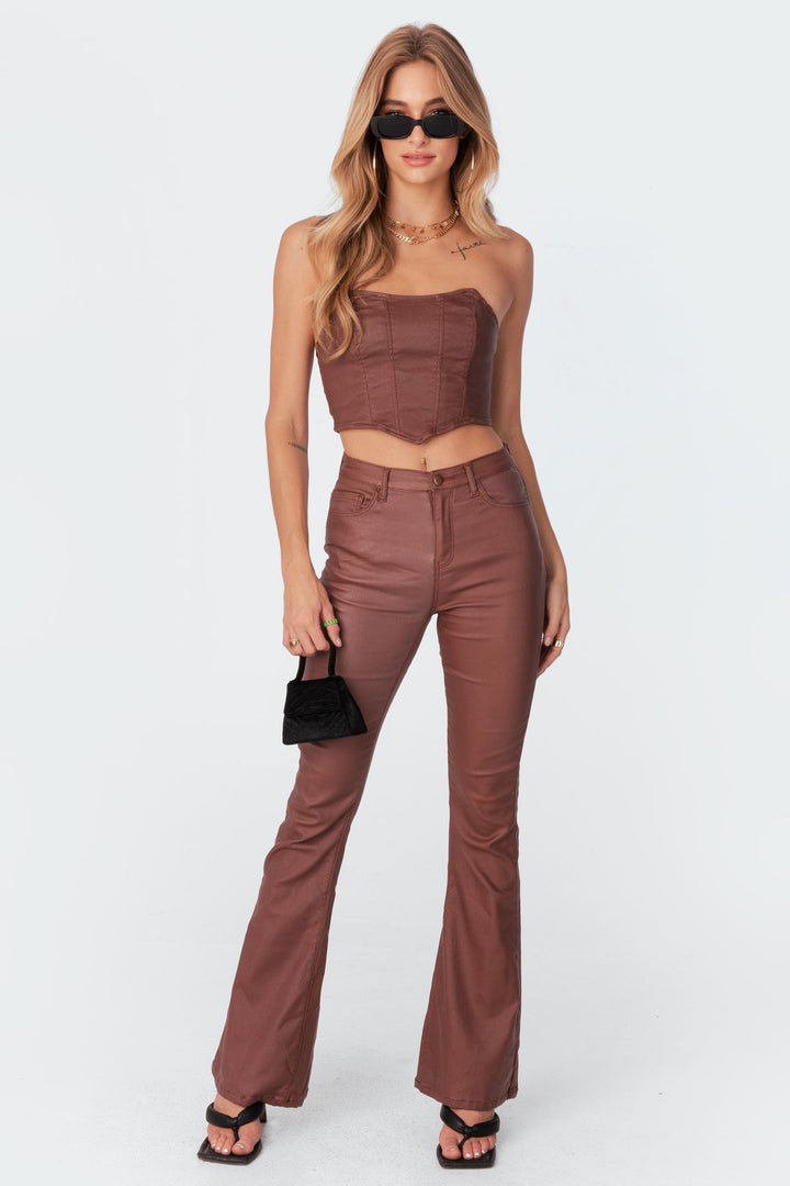 Sorvienne Slim Leather Look Flared Trousers in Brown