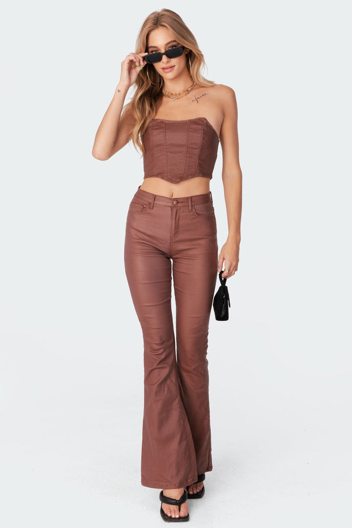 Sorvienne Slim Leather Look Flared Trousers in Brown
