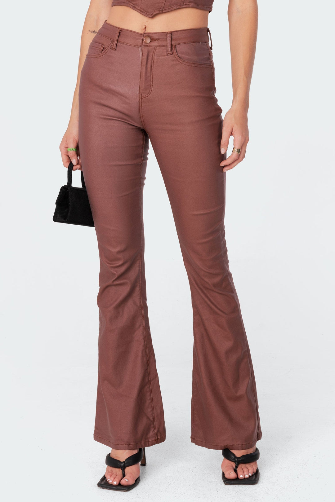 Sorvienne Slim Leather Look Flared Trousers in Brown
