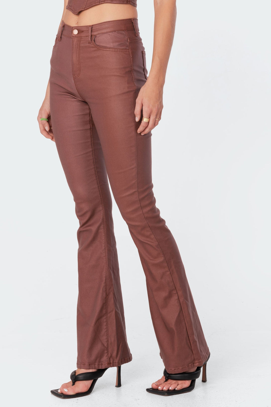 Sorvienne Slim Leather Look Flared Trousers in Brown