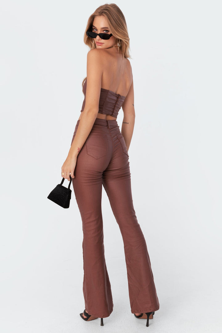 Sorvienne Slim Leather Look Flared Trousers in Brown