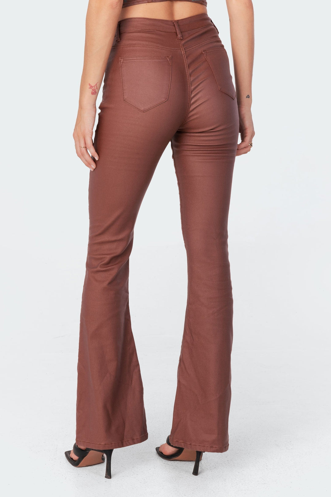 Sorvienne Slim Leather Look Flared Trousers in Brown