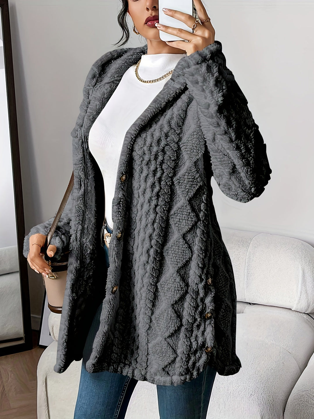 Sorvienne Relaxed Cable Texture Hooded Fleece Cardigan in Charcoal
