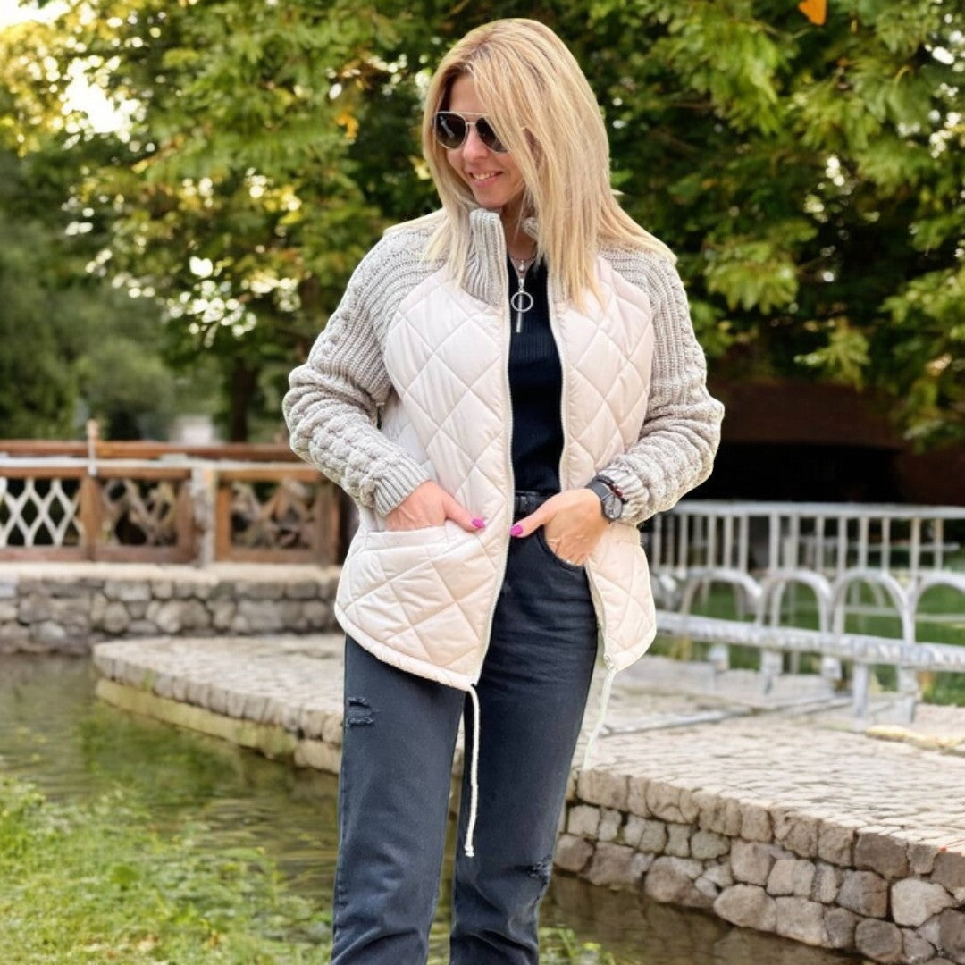 Sorvienne Relaxed Quilted Jacket with Knit Sleeves in Cream