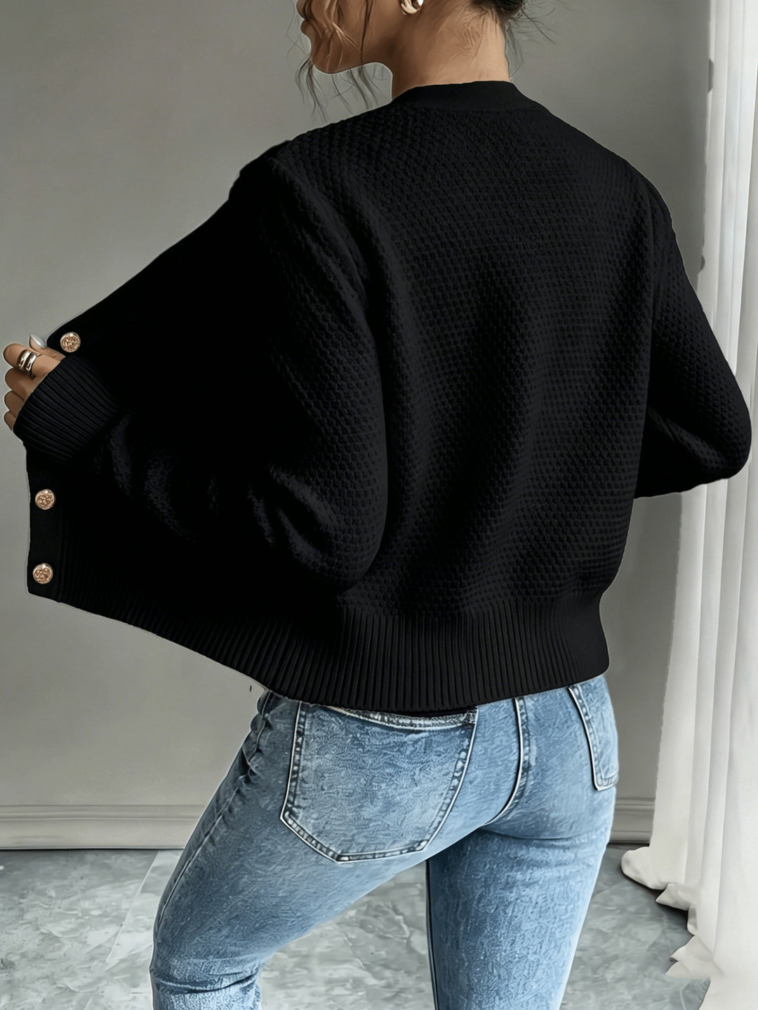 Sorvienne Cropped Cable Knit Cardigan in Black