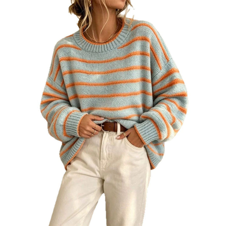 Sorvienne Relaxed Crew Neck Striped Jumper in Blue Stripe