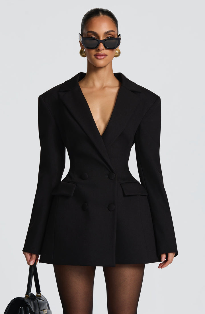 Sorvienne Tailored Double Breasted Blazer Dress in Black