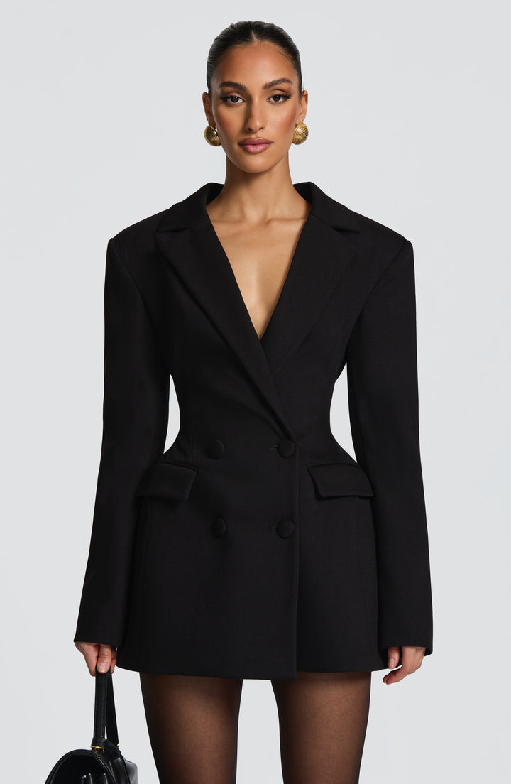 Sorvienne Tailored Double Breasted Blazer Dress in Black