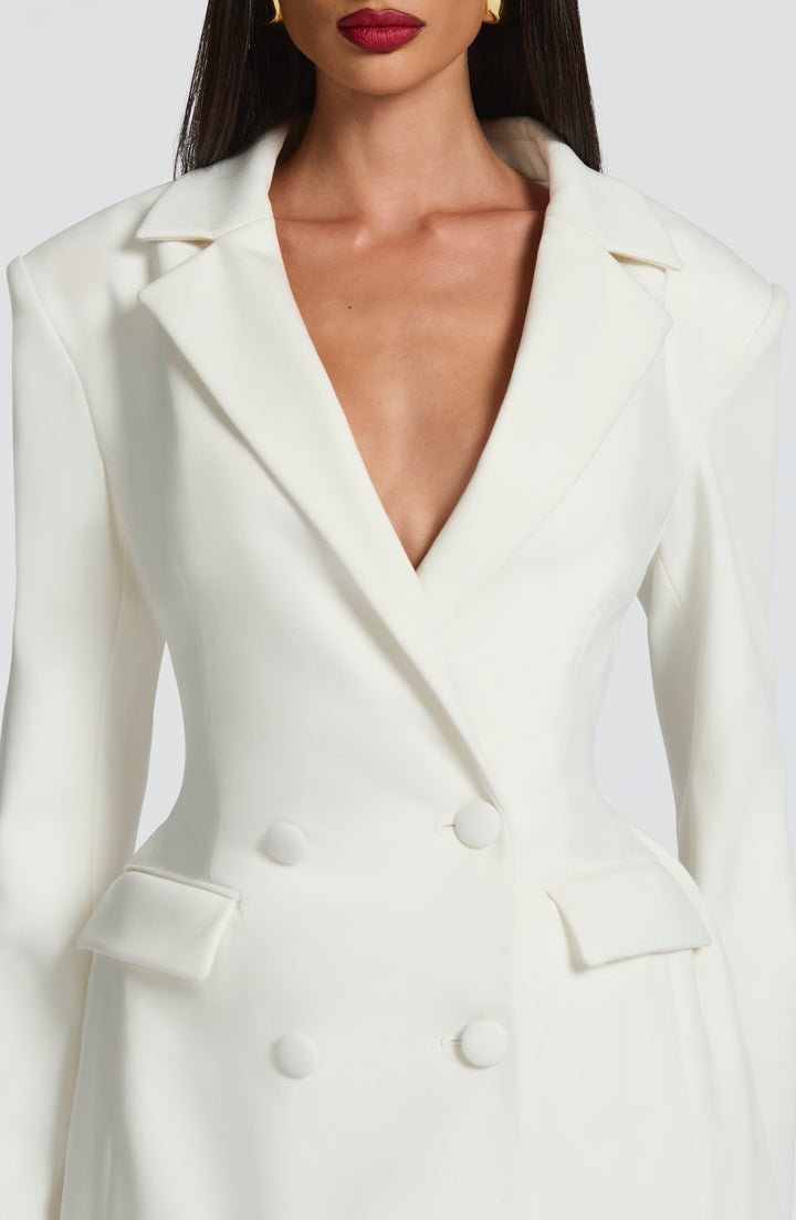 Sorvienne Tailored Double Breasted Blazer Dress in Ivory