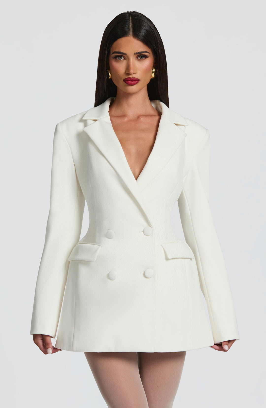 Sorvienne Tailored Double Breasted Blazer Dress in Ivory