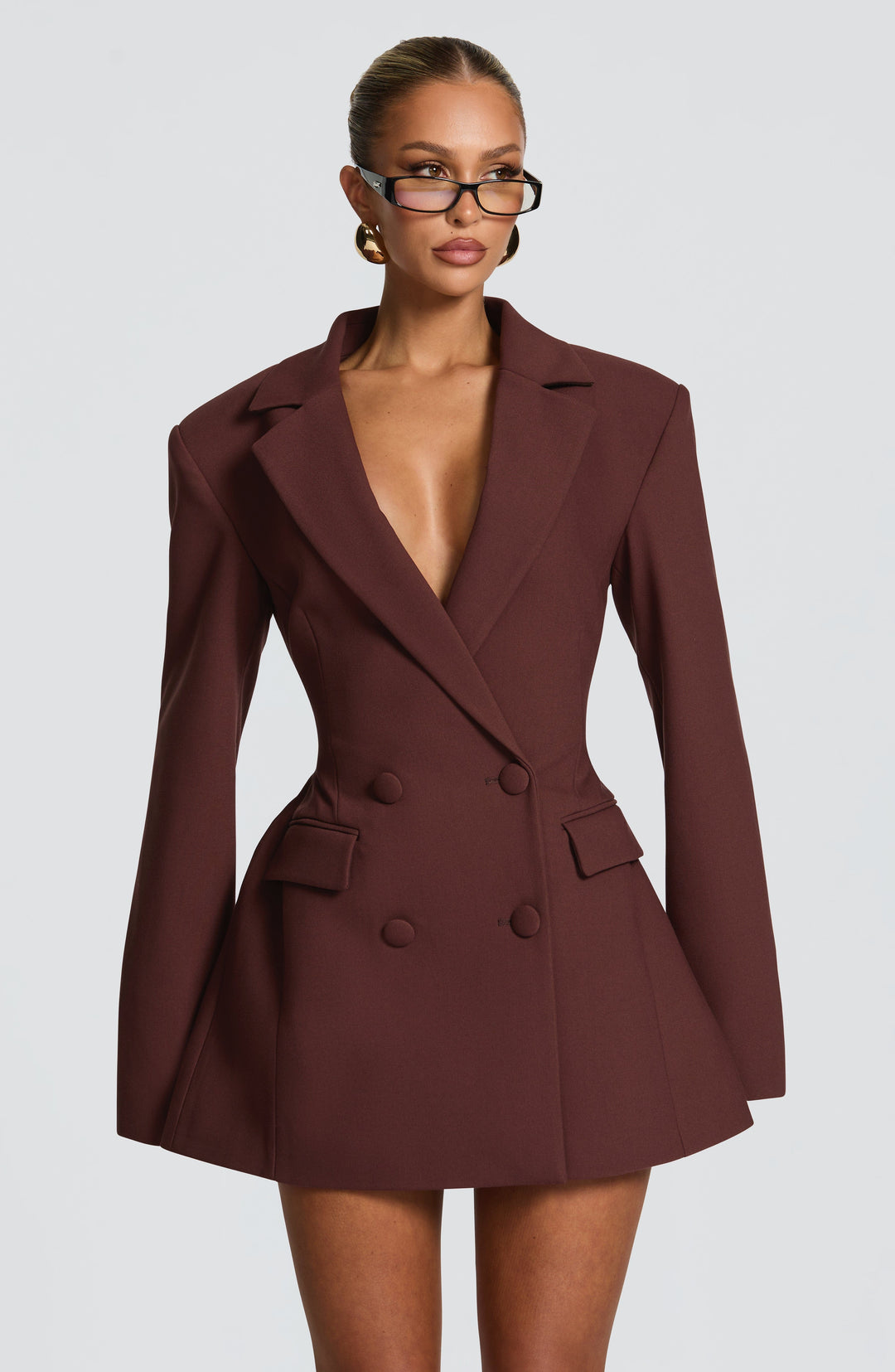 Sorvienne Tailored Double Breasted Blazer Dress in Brown