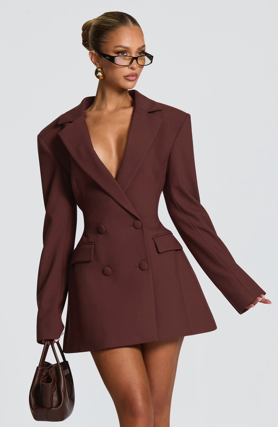 Sorvienne Tailored Double Breasted Blazer Dress in Brown