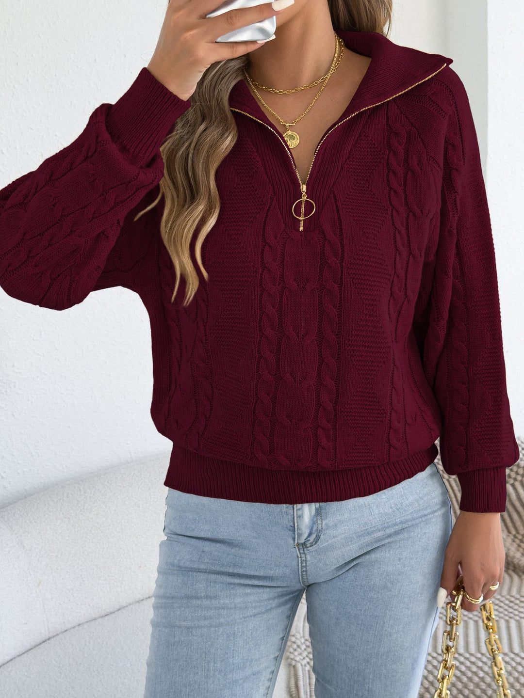 Sorvienne Relaxed Collared Cable Knit Half Zip Jumper in Burgundy