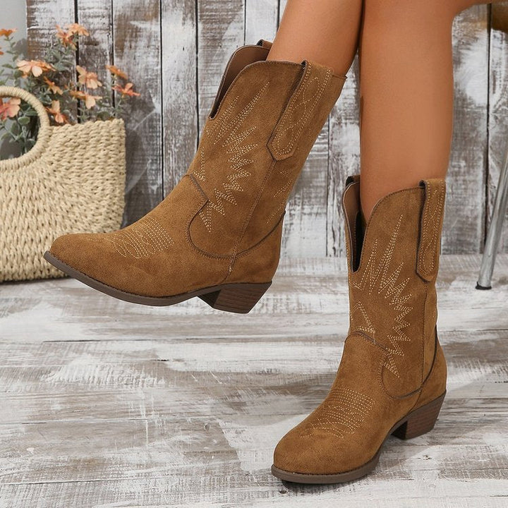 Sorvienne Embroidered Block Heel Cowboy Ankle Boots