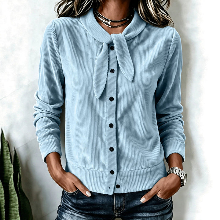 Sorvienne Slim Ribbed Tie Neck Cardigan in Sky Blue