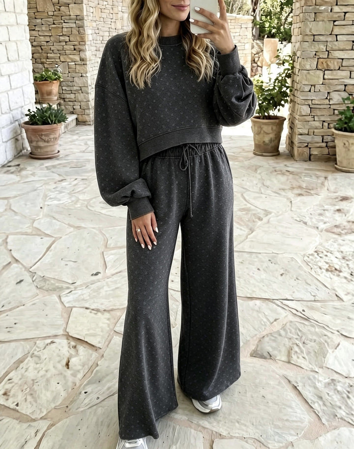Sorvienne Relaxed Textured Wide Leg Knit Co-ord Set in Charcoal