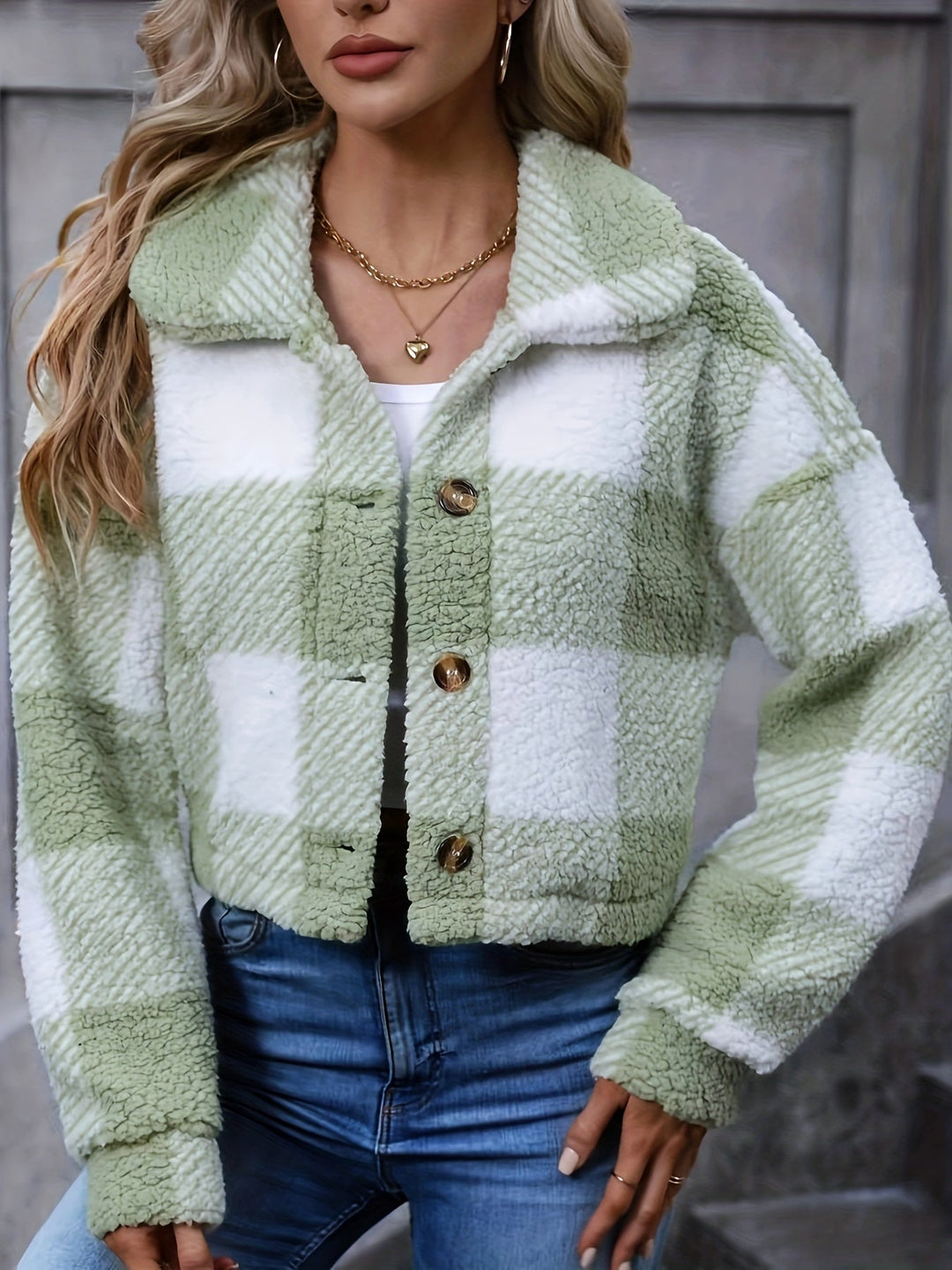 Sorvienne Relaxed Cropped Check Borg Jacket in Sage Green