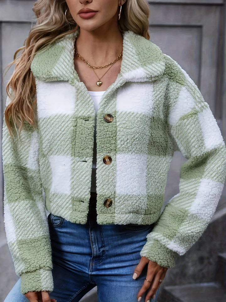 Sorvienne Relaxed Cropped Check Borg Jacket in Sage Green