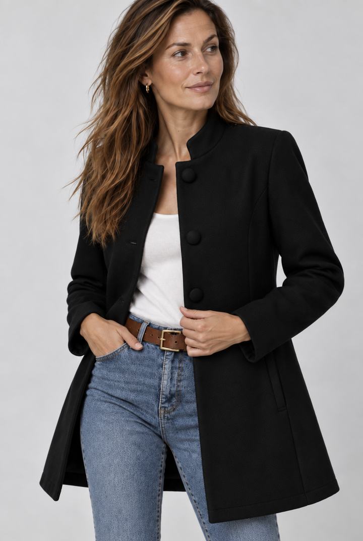 Sorvienne Tailored Wool Look Stand Collar Coat in Black