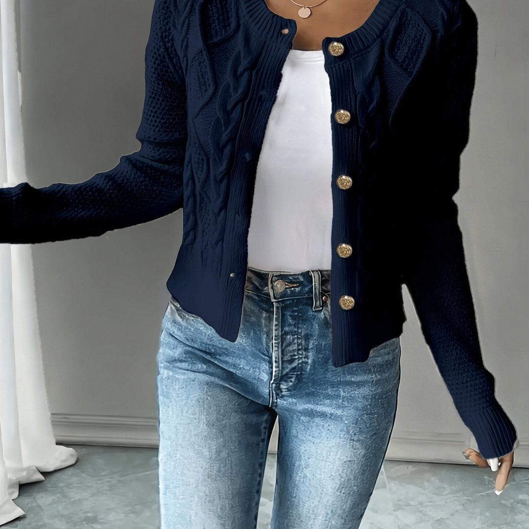 Sorvienne Cropped Cable Knit Cardigan in Navy