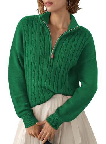 Sorvienne Relaxed Cable Knit Quarter Zip Jumper in Green