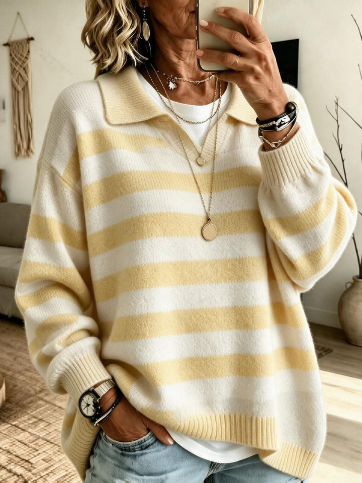 Sorvienne Relaxed Collared Striped Jumper in Yellow Stripe