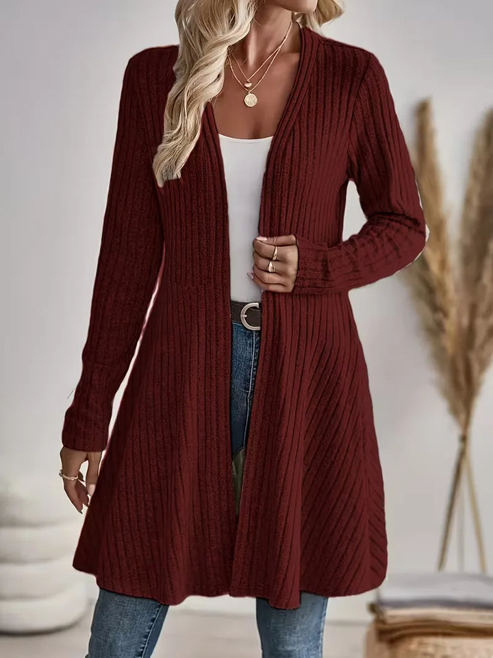 Sorvienne Ribbed Edge to Edge Longline Cardigan in Burgundy