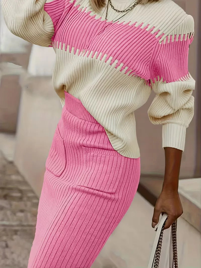 Sorvienne Relaxed Colour Block Knit Skirt Set in Pink