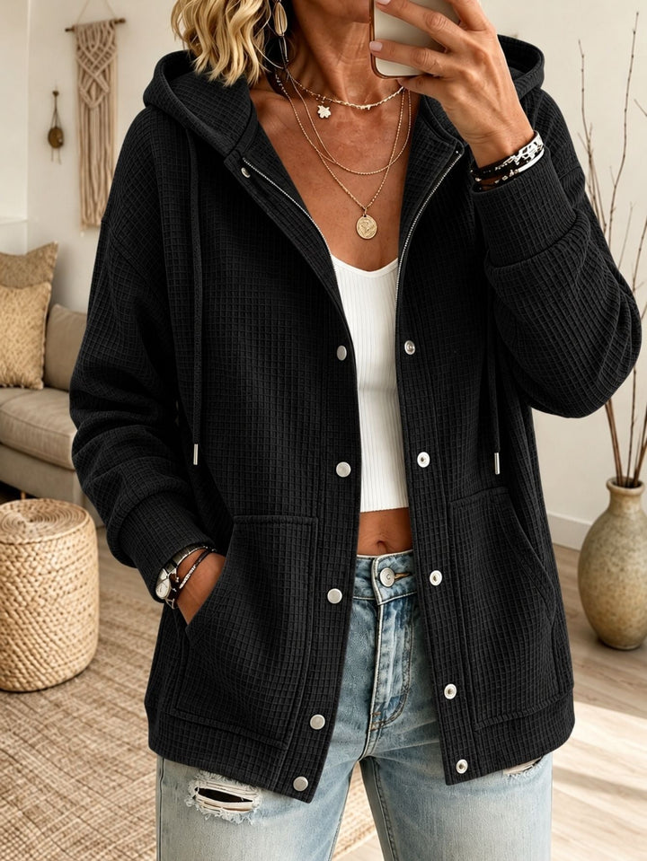 Sorvienne Relaxed Waffle Knit Hooded Cardigan in Black
