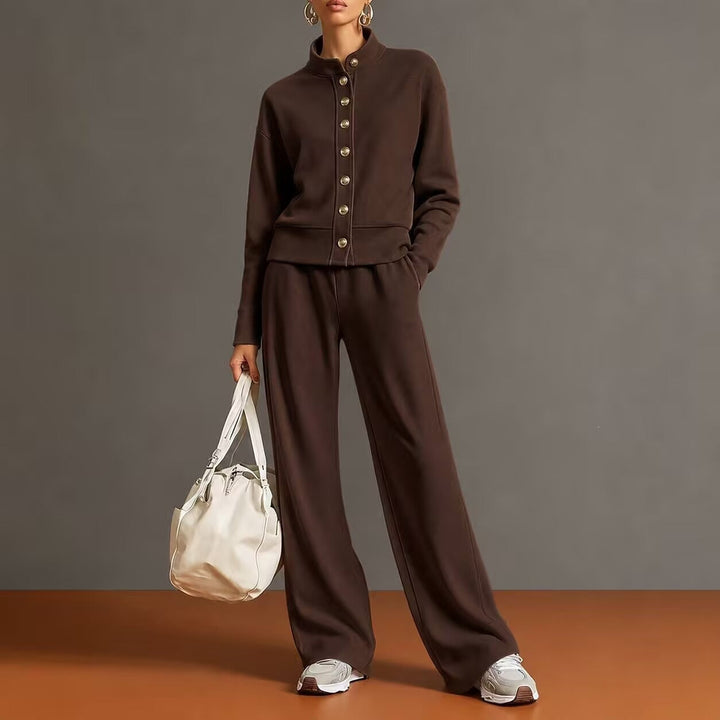 Sorvienne Relaxed Button Front Knitted Co Ord Set in Brown